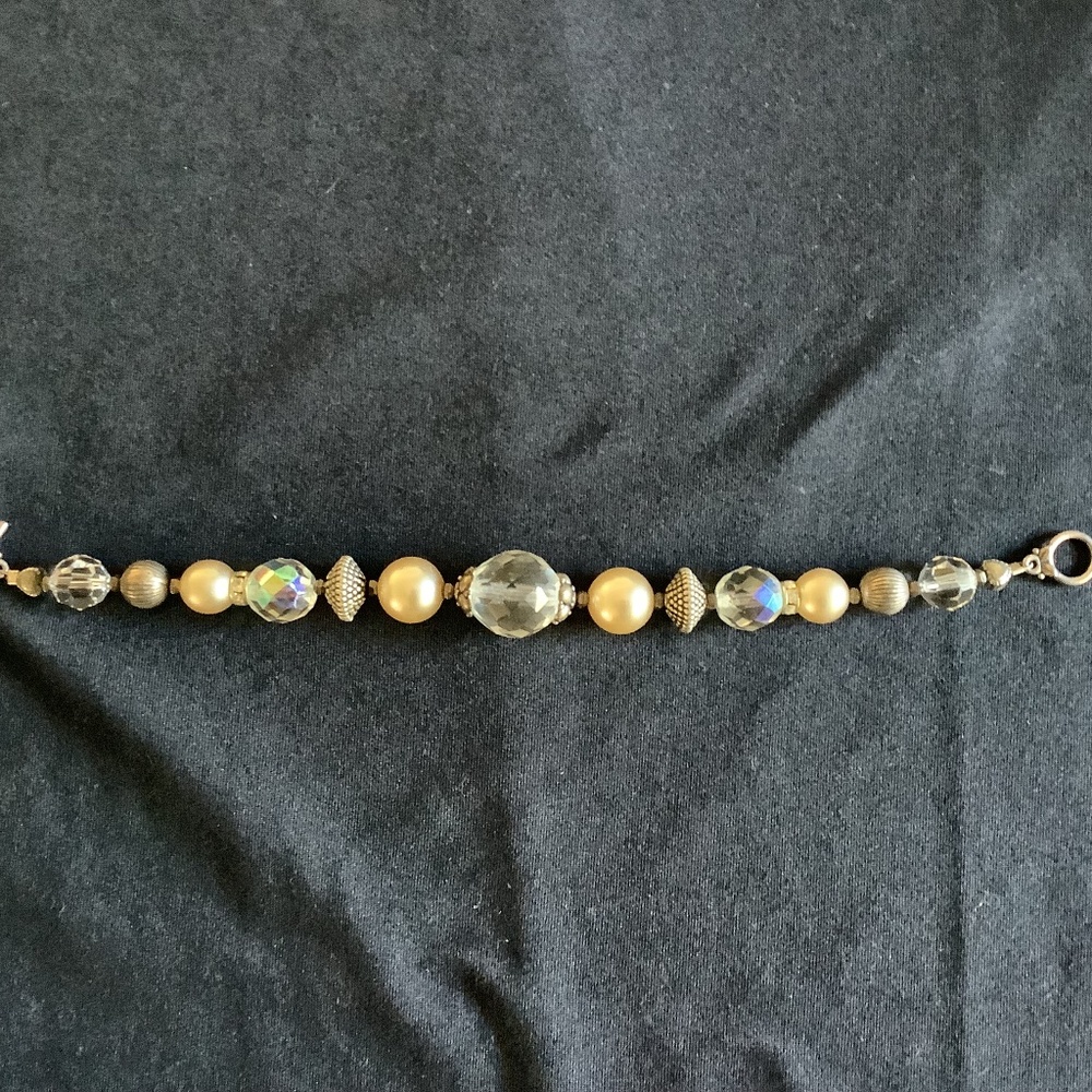 Hand Beaded Silver, Crystal and Pearl Bracelet